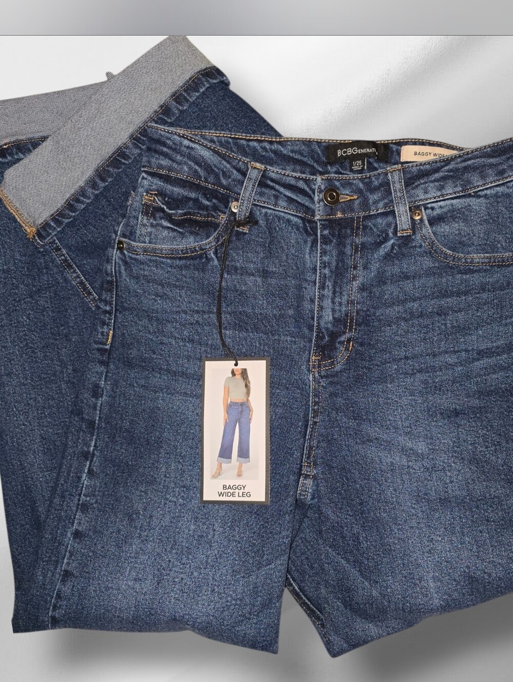 BCBG Denim Baggy Wide Leg Jeans - Dark Blue